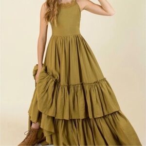 MIA JOY Girls Size 8 Khaki Olive Green Tiered Ruffle Tie Back Boho Maxi Dress